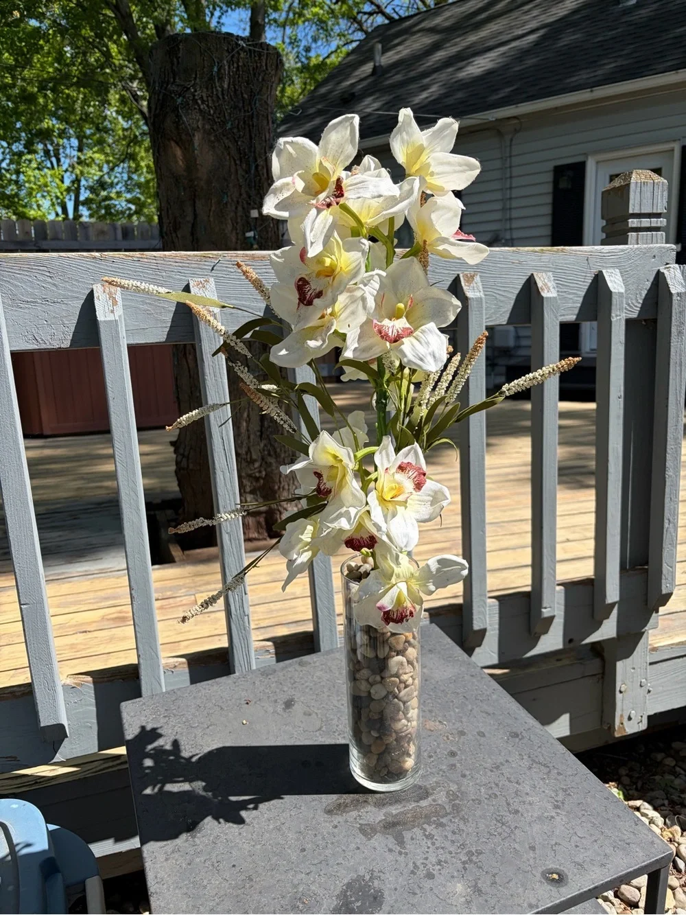 White Orchid Artificial Arrangement in Glass Vase with River Rocks